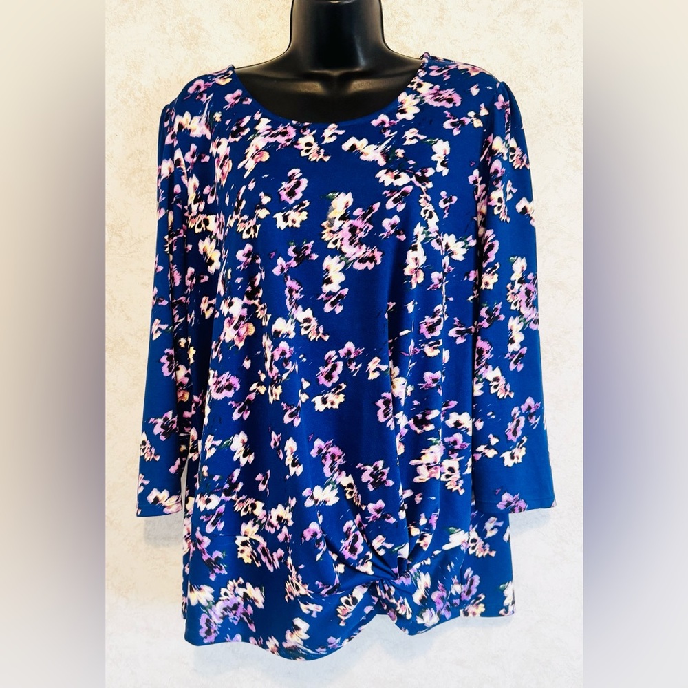 Apt 9 Women's Pull Over Blue Purple Yellow Flowers Size XL 3/4 Sleeve Knot Front